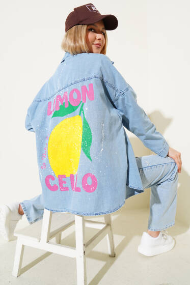 Limon Cello Baskılı Kot Gömlek Mavi - Kadın Giyim Modelleri