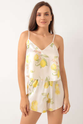 Limon Desen Askılı Saten Pijama Takımı Beyaz - Kadın Pijama Takımı