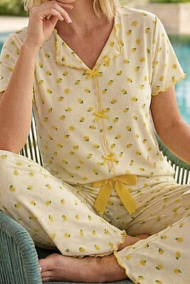 Limon Desen Kısa Kol Düğmeli Pijama Takım Sarı - Pijama