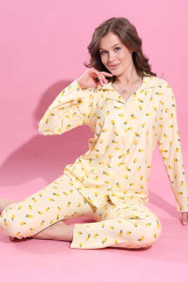 Limon Desenli Düğmeli Süet Pijama Takımı Sarı - Pijama