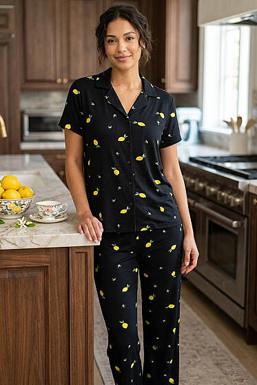 Limon Desenli Kısa Kol Düğmeli Pijama Takım Siyah - Pijama