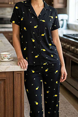 Limon Desenli Kısa Kol Düğmeli Pijama Takım Siyah - Pijama