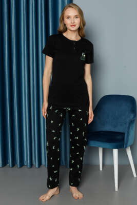 Limon Desenli Kısa Kol Pijama Takımı Siyah - Kadın Pijama Takımı