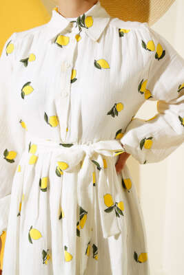 Limon Desenli Kuşaklı Elbise Ekru - Tesettür Elbise