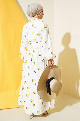 Limon Desenli Kuşaklı Elbise Ekru - Tesettür Elbise