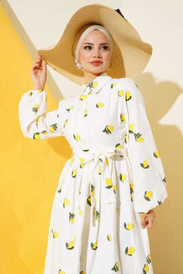 Limon Desenli Kuşaklı Elbise Ekru - Tesettür Elbise