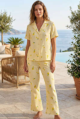 Limon Desenli Müslin Kısa Kollu Pijama Takımı Sarı - IŞILAY