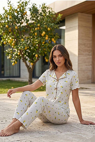 Limon Kurdele Baskılı Kısa Kollu Pijama Takımı Bej - Pijama