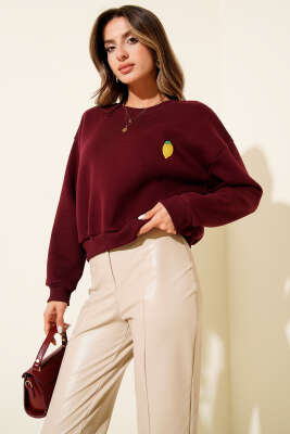 Limon Nakışlı Üç İplik Sweatshirt Bordo - Kadın Giyim Modelleri