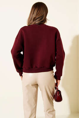 Limon Nakışlı Üç İplik Sweatshirt Bordo - Kadın Giyim Modelleri