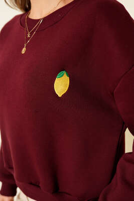 Limon Nakışlı Üç İplik Sweatshirt Bordo - Kadın Giyim Modelleri