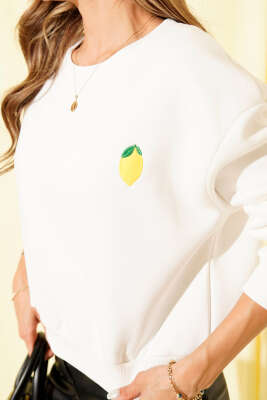 Limon Nakışlı Üç İplik Sweatshirt Ekru - Yılın Fırsatı