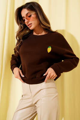 Limon Nakışlı Üç İplik Sweatshirt Kahve - Kadın Giyim Modelleri