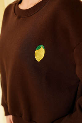 Limon Nakışlı Üç İplik Sweatshirt Kahve - Kadın Giyim Modelleri