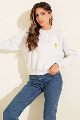 Limon Nakışlı Üç İplik Sweatshirt Melanj Gri - Kadın Giyim Modelleri
