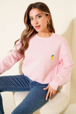 Limon Nakışlı Üç İplik Sweatshirt Pembe - Kadın Giyim Modelleri