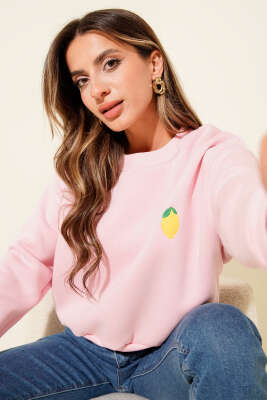 Limon Nakışlı Üç İplik Sweatshirt Pembe 