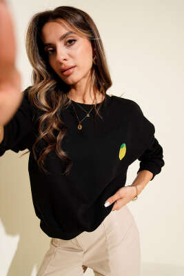 Limon Nakışlı Üç İplik Sweatshirt Siyah 