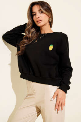 Limon Nakışlı Üç İplik Sweatshirt Siyah - Kadın Giyim Modelleri