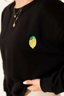 Limon Nakışlı Üç İplik Sweatshirt Siyah - Kadın Giyim Modelleri