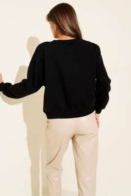 Limon Nakışlı Üç İplik Sweatshirt Siyah - Yılın Fırsatı