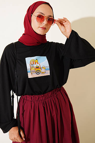 Limon Standı Baskılı Tunik Siyah - Tunik