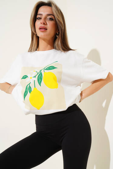 Limonlu T-shirt Beyaz - Kadın Giyim Modelleri