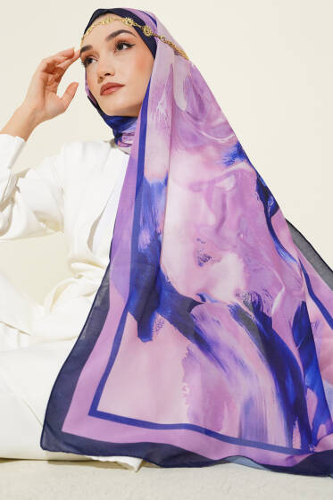 Lina Desenli Soft Şal Lacivert - Başörtüsü