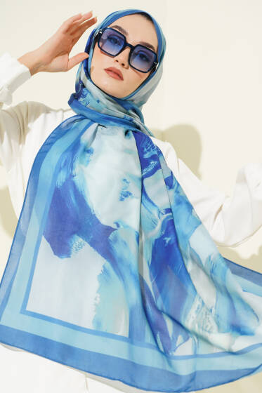 Lina Desenli Soft Şal Soft Mavi - Başörtüsü