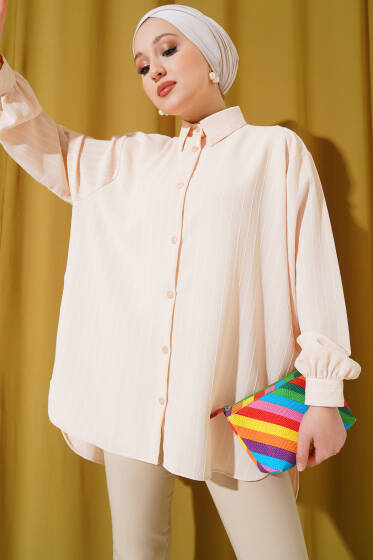 Linda Çizgili Oversize Gömlek Bej - Tunik