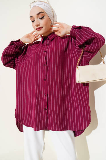 Linda Çizgili Oversize Gömlek Burgonya - Tunik