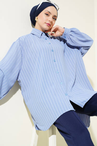 Linda Çizgili Oversize Gömlek İndigo - Tunik
