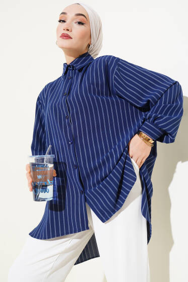 Linda Çizgili Oversize Gömlek Lacivert - Tunik