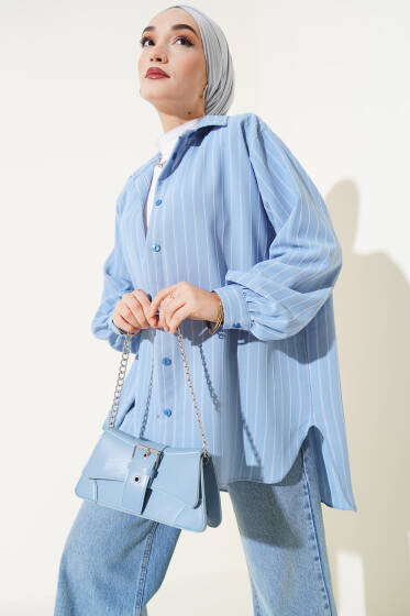 Linda Çizgili Oversize Gömlek Mavi - Tunik