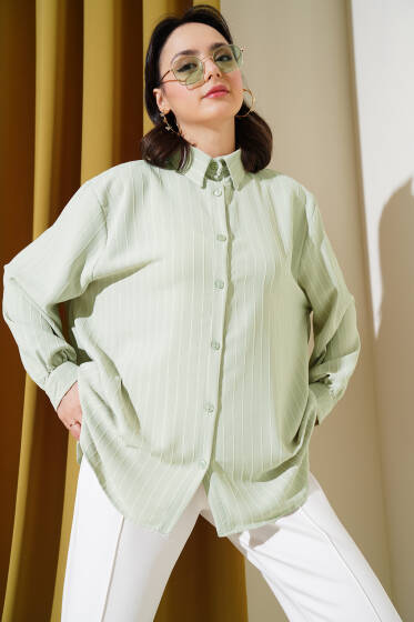Linda Çizgili Oversize Gömlek Su Yeşili - Tunik