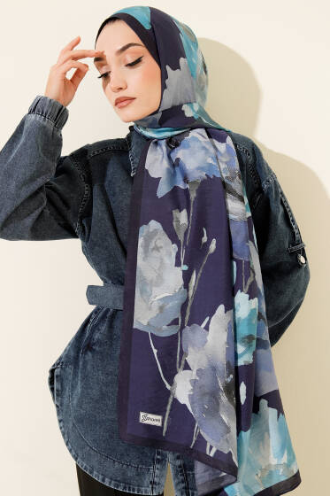 Linea Serisi Desenli Şal Lacivert - Başörtüsü