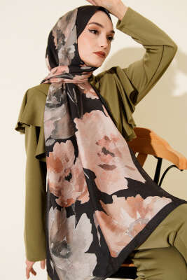 Linea Serisi Desenli Şal Siyah Bej - Başörtüsü