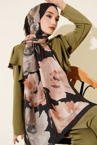 Linea Serisi Desenli Şal Siyah Bej - Başörtüsü
