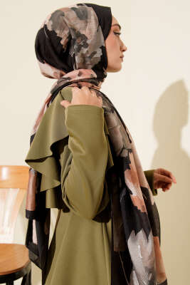 Linea Serisi Desenli Şal Siyah Bej - Başörtüsü