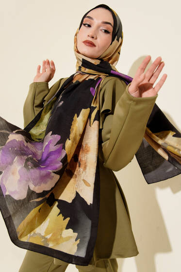 Linea Serisi Desenli Şal Siyah Mor - Başörtüsü