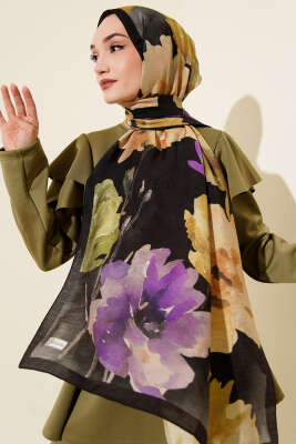 Linea Serisi Desenli Şal Siyah Mor - Başörtüsü