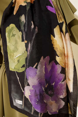 Linea Serisi Desenli Şal Siyah Mor - Başörtüsü