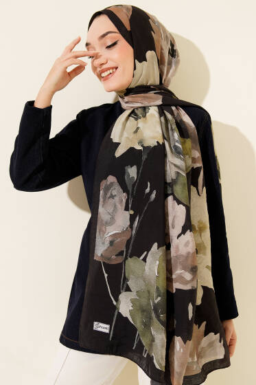 Linea Serisi Desenli Şal Siyah Yeşil - Başörtüsü