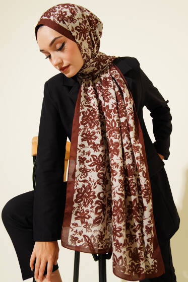 Liora Desenli Soft Şal Kestane-03 - Başörtüsü