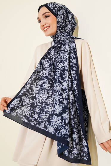 Liora Desenli Soft Şal Lacivert-06 - Başörtüsü