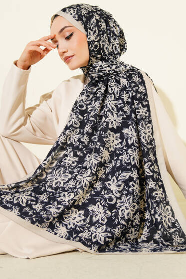 Liora Desenli Soft Şal Lacivert Bej -10 - Başörtüsü