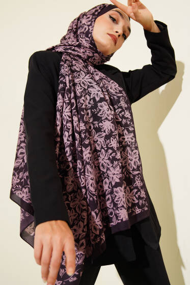 Liora Desenli Soft Şal Mürdüm -15 - Başörtüsü