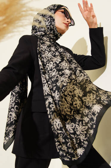 Liora Desenli Soft Şal Siyah -16 - Başörtüsü