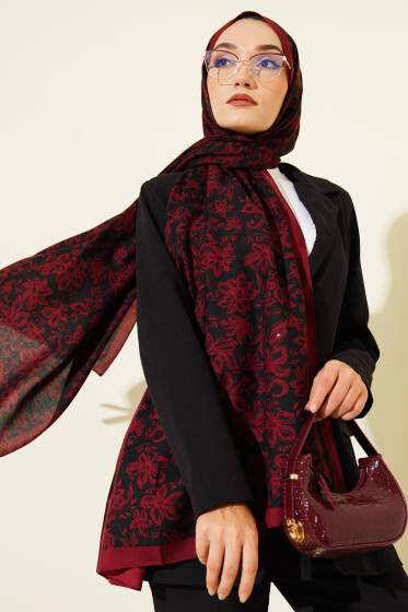 Liora Desenli Soft Şal Siyah Bordo -02 - Başörtüsü
