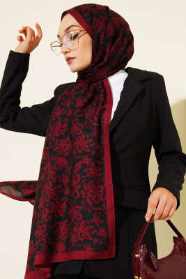 Liora Desenli Soft Şal Siyah Bordo -02 - Başörtüsü